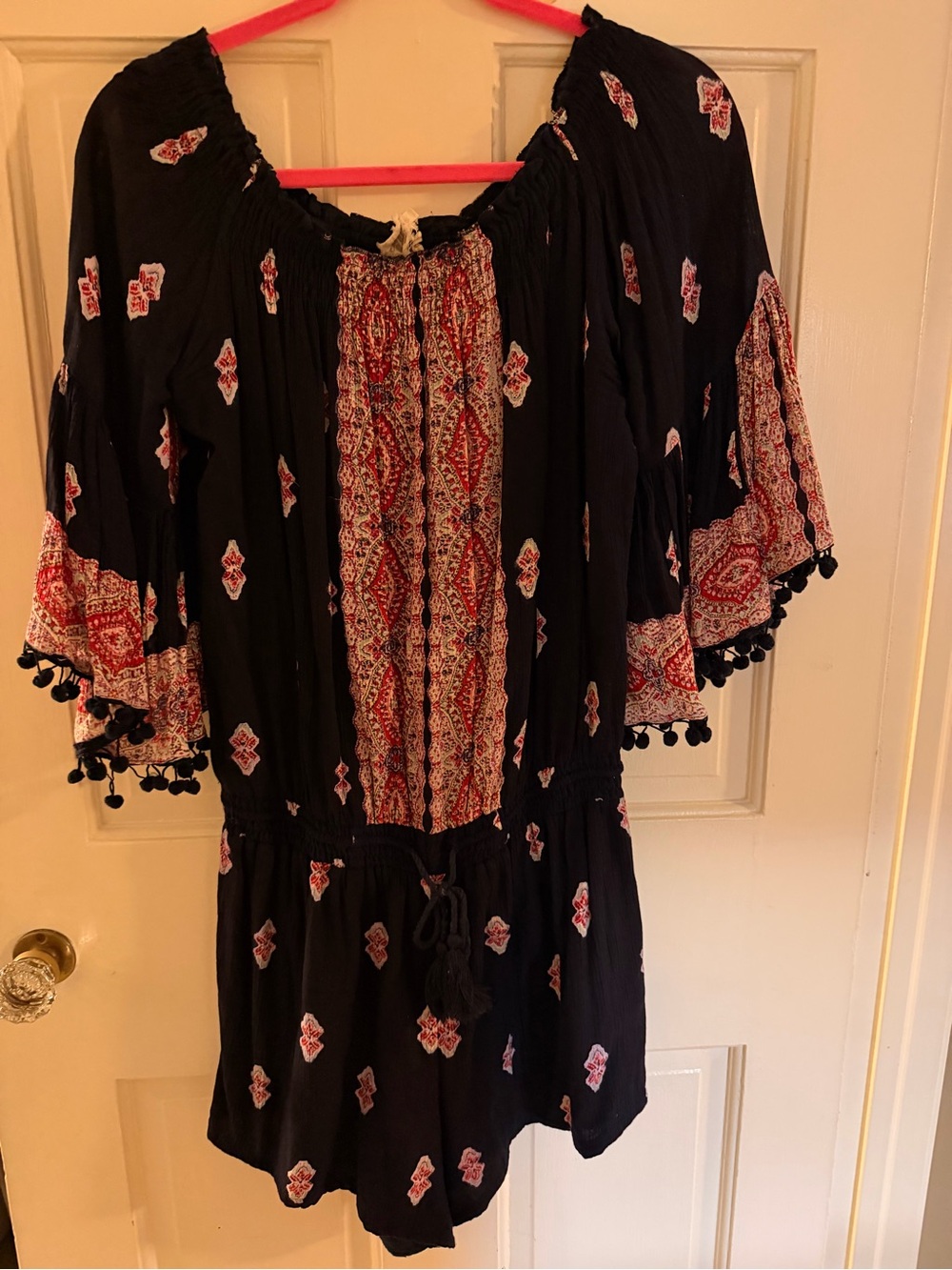 Anthropoligie Boho Navy Off-Shoulder Romper with Red Print